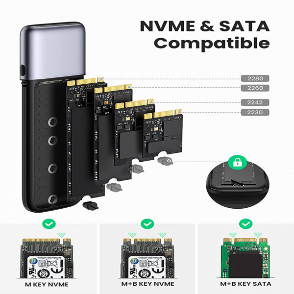GiGimundo Boîtier SSD M.2 NVMe, Aluminium USB C Boîtier NVMe M Key(10 Gbit/s)  avec UASP, Prise en Charge jusqu'à 4 to NVMe M-Key/M+B Key SSD  (2230/2242/2260/2280), sans Outil(HBM2-10G) : : Informatique